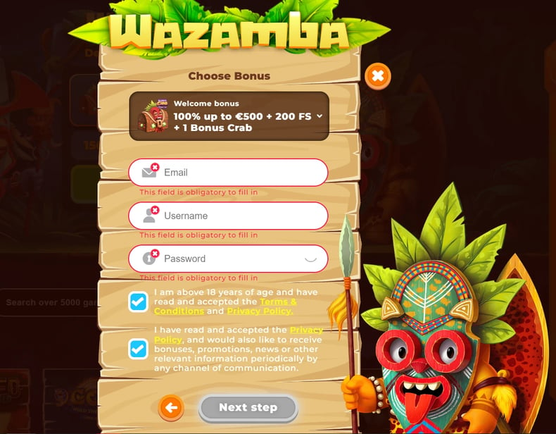 املأ التفاصيل الخاصة بك على موقع Wazamba Casino.