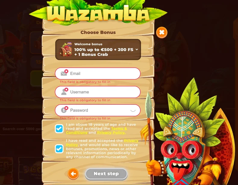 املأ التفاصيل الخاصة بك على موقع Wazamba Casino.