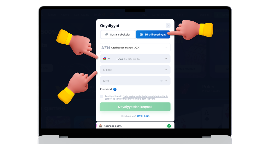 Qeydiyyatdan keçmək istədiyiniz metodu seçin və məlumatlarınızı daxil edin