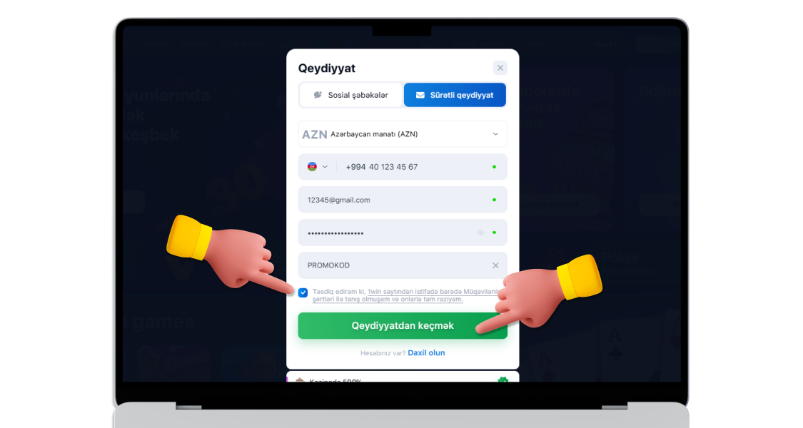 Şərtlərlə razılaşın və qeydiyyatı tamamlayın