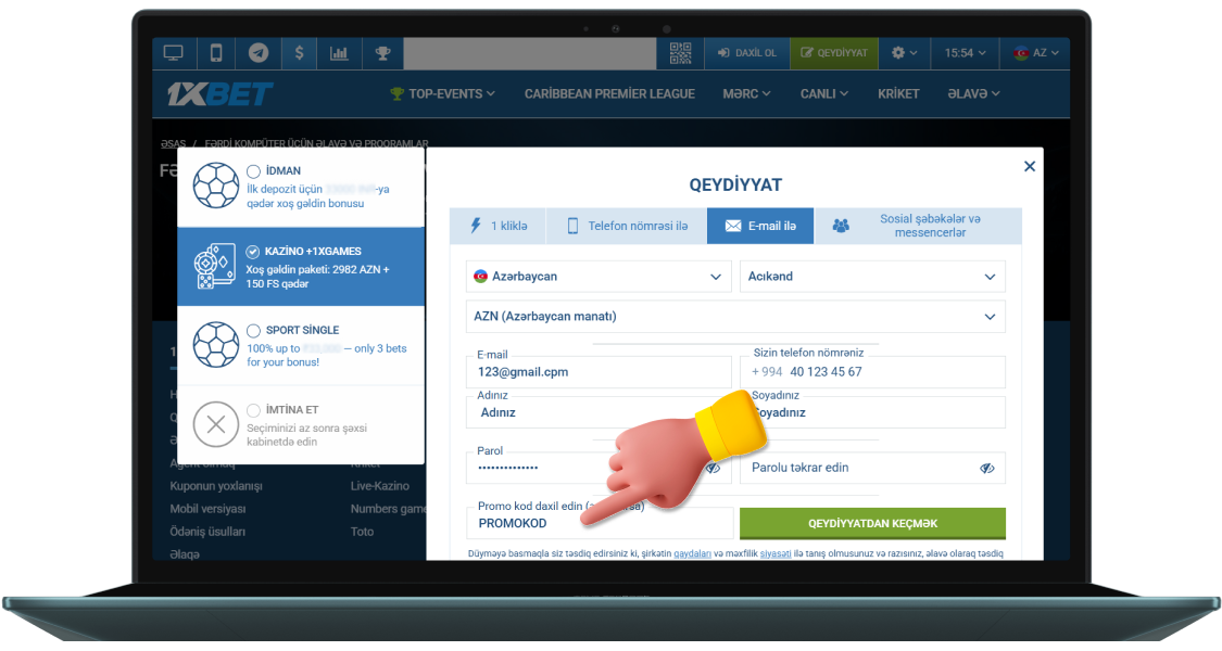 1xbet-də qeydiyyatdan keçmək üçün promo kodunuzu daxil edin