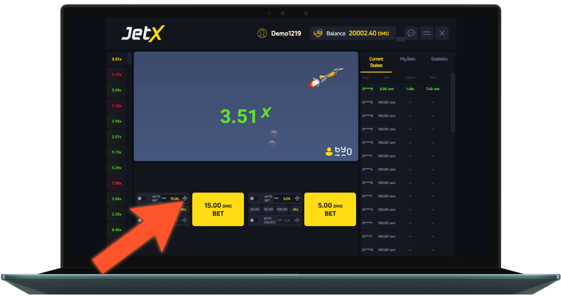 Oynamağa başlamaq üçün JetX-də mərc məbləğini seçin