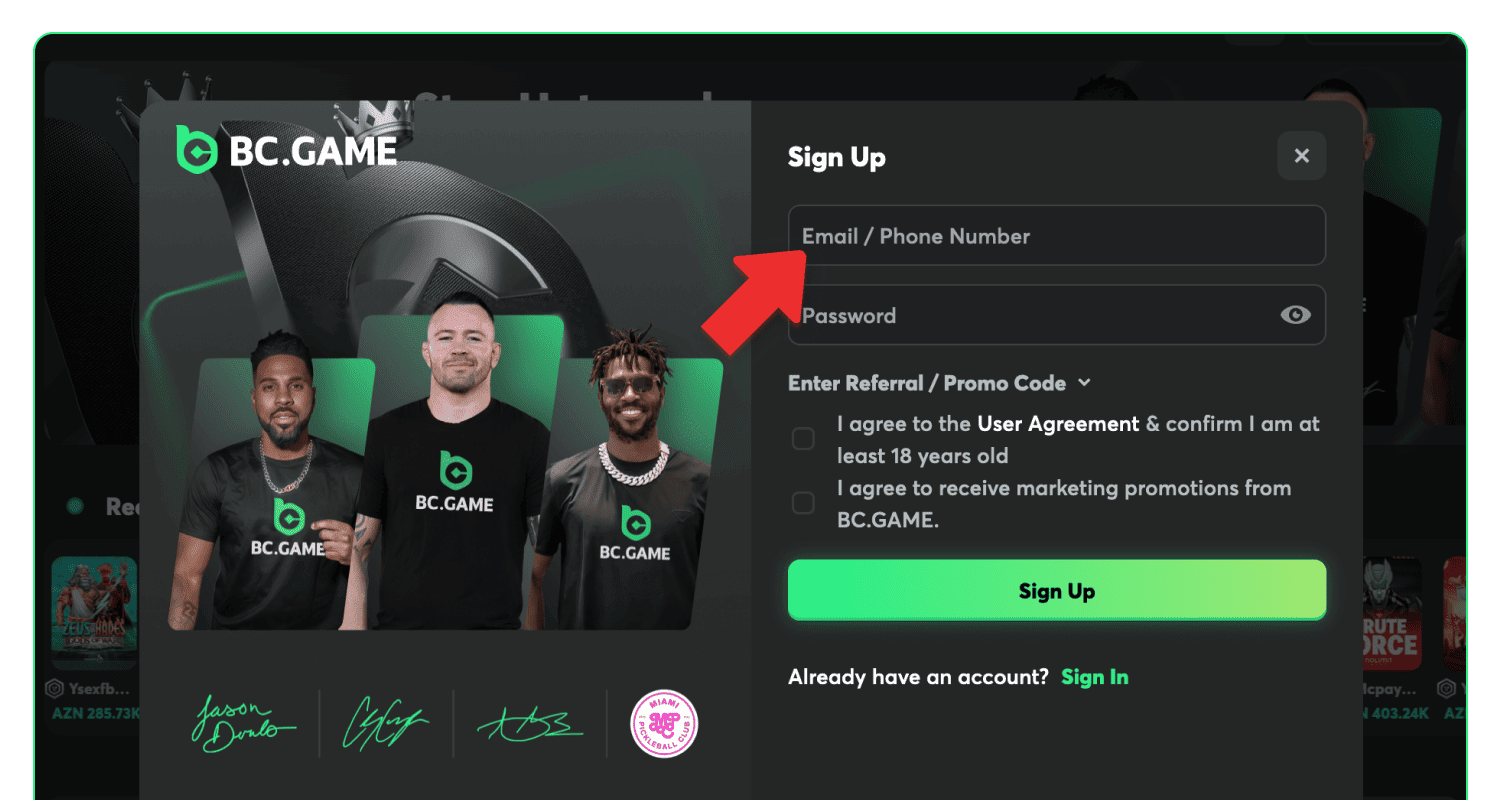 BC.Game Azerbaijan-da e-poçtunuzu daxil edin