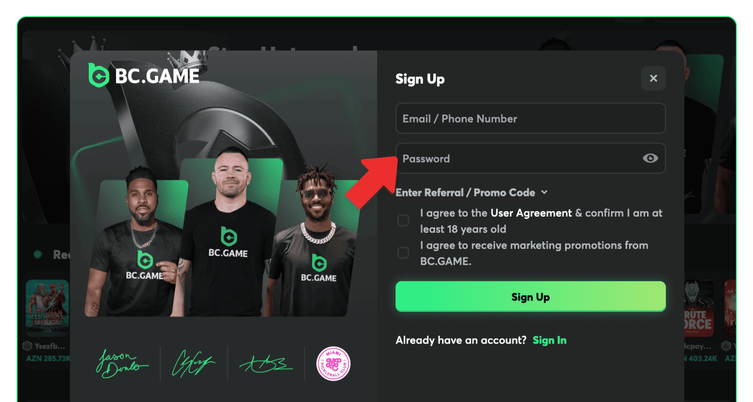 BC.Game saytında parolunuzu daxil edin