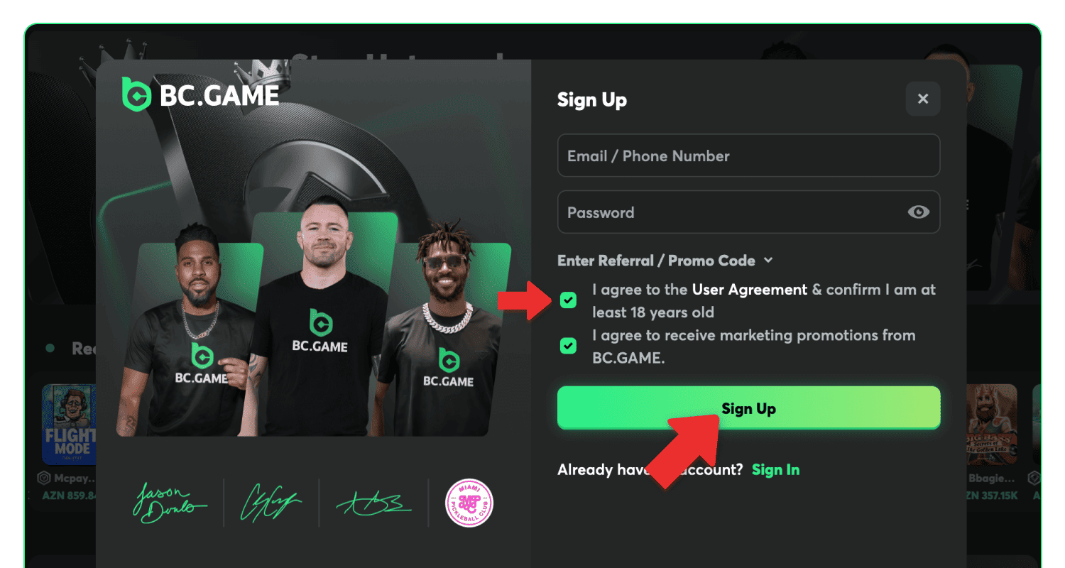 BC.Game şərtləri ilə razılaşın və qeydiyyatı tamamlayın