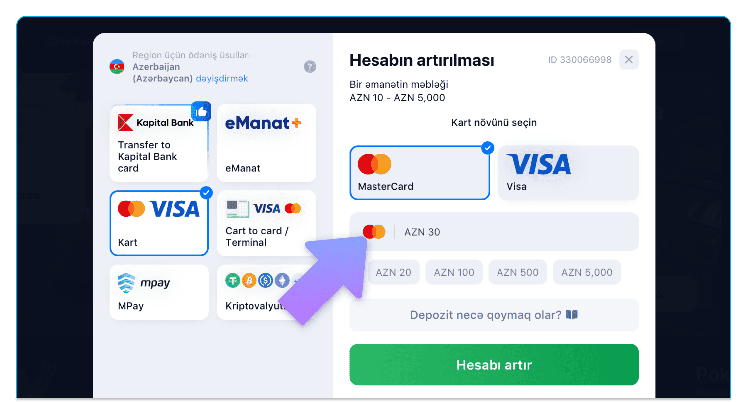Azərbaycanda mərclər üçün saytda öz Hesabınızı doldurun