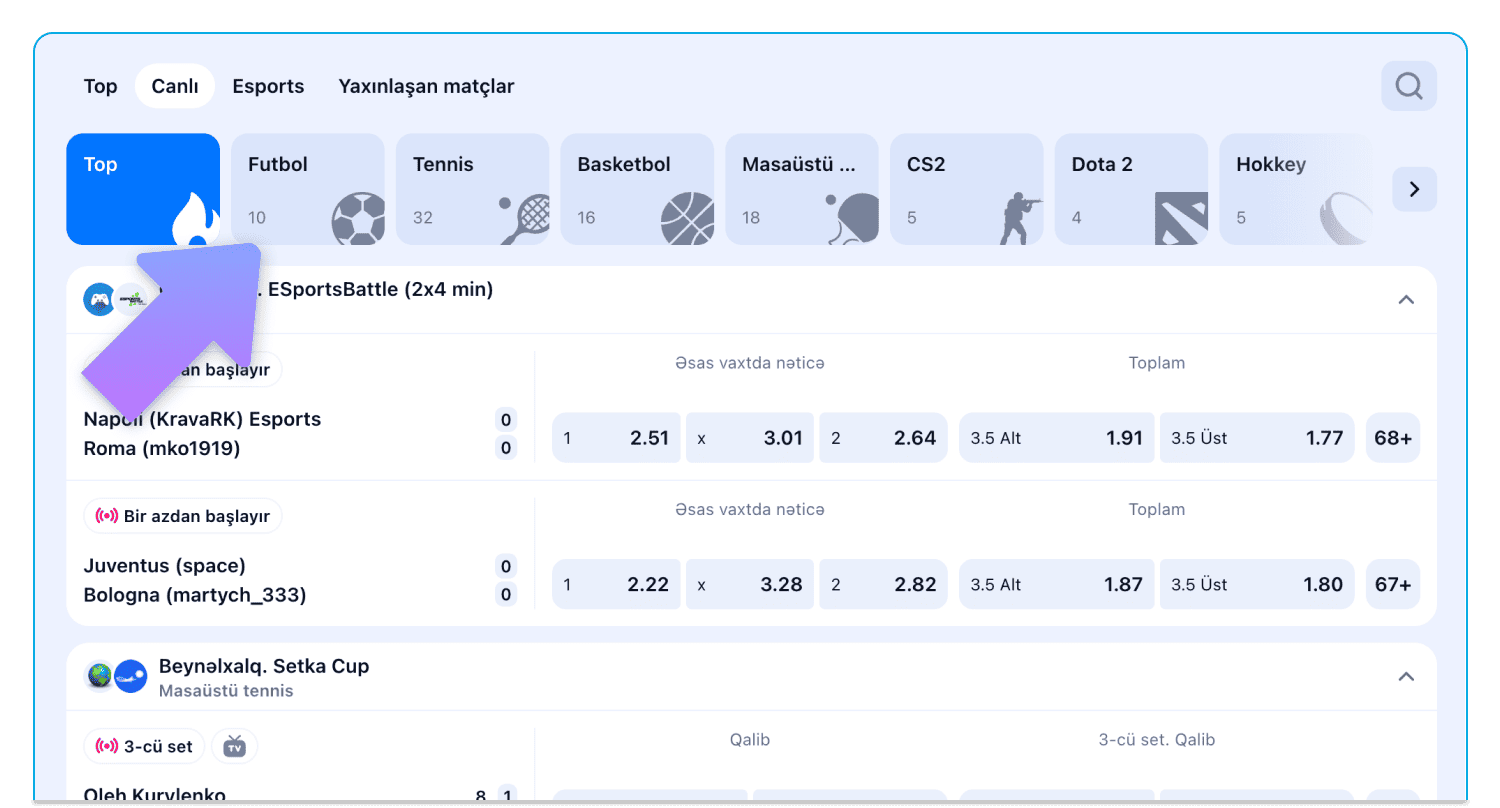 Azərbaycanda saytda mərc etmək üçün idman tədbiri seçin
