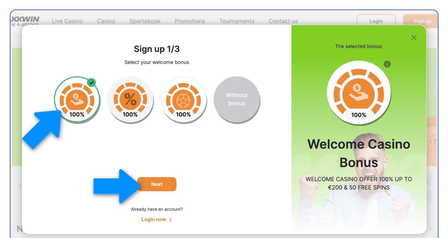 Maxxwin-də qeydiyyat formasından əvvəl bonusu seçin
