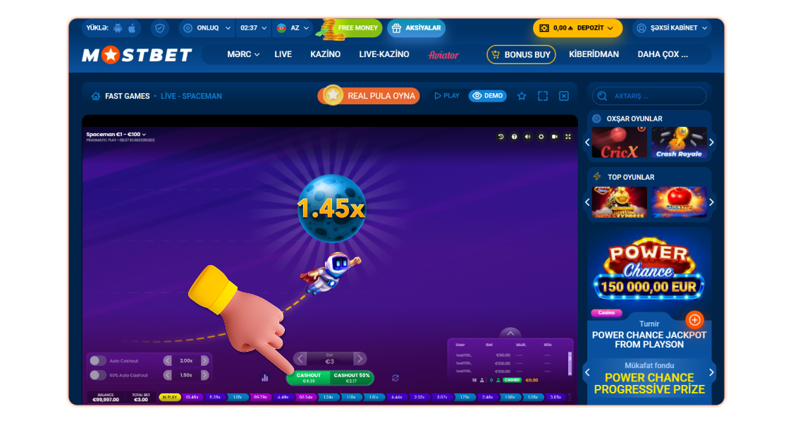 Uduşlarınızı Spaceman-da nağdlaşdırın