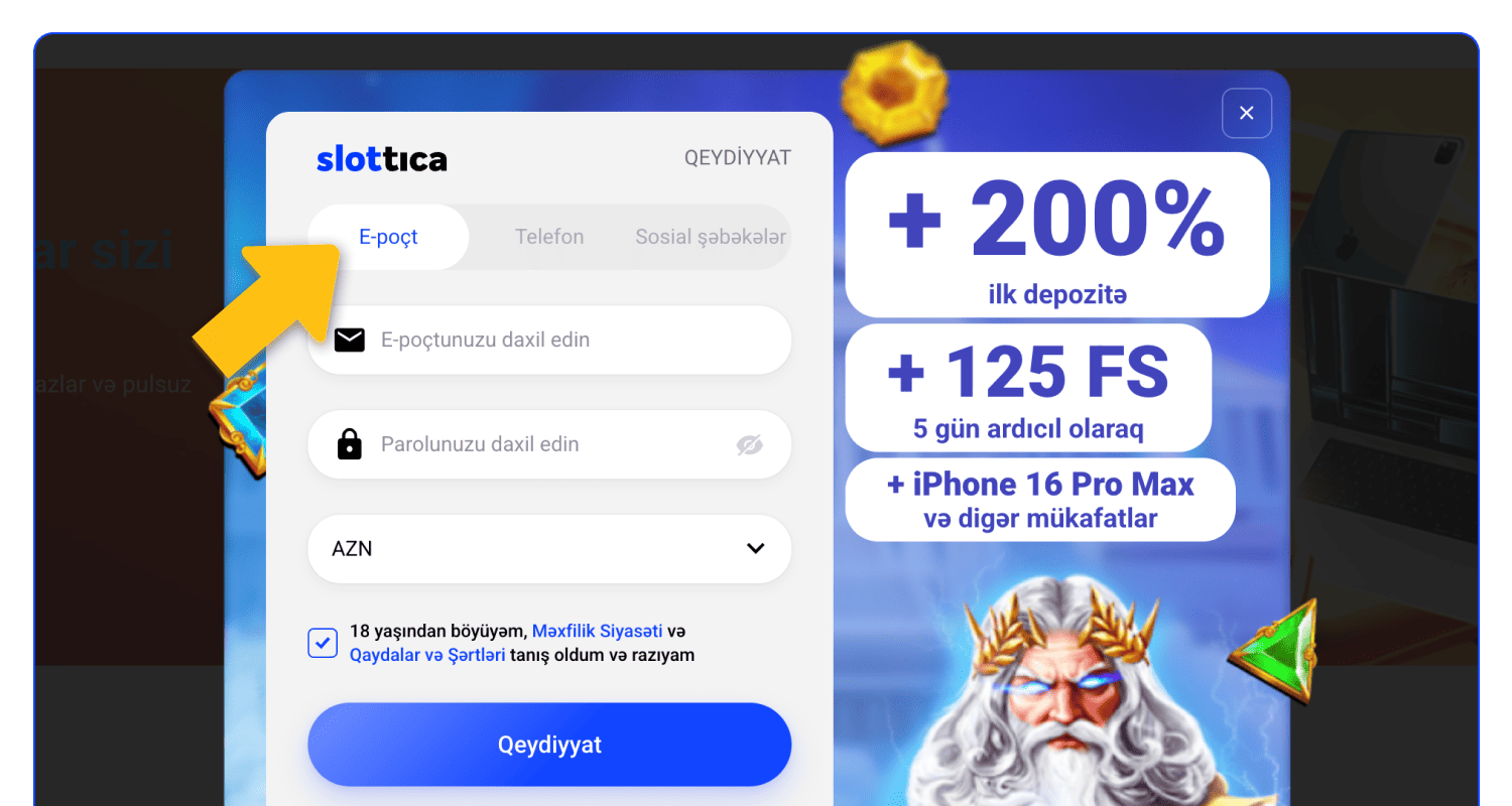 Slottica-da qeydiyyat növünü seçin