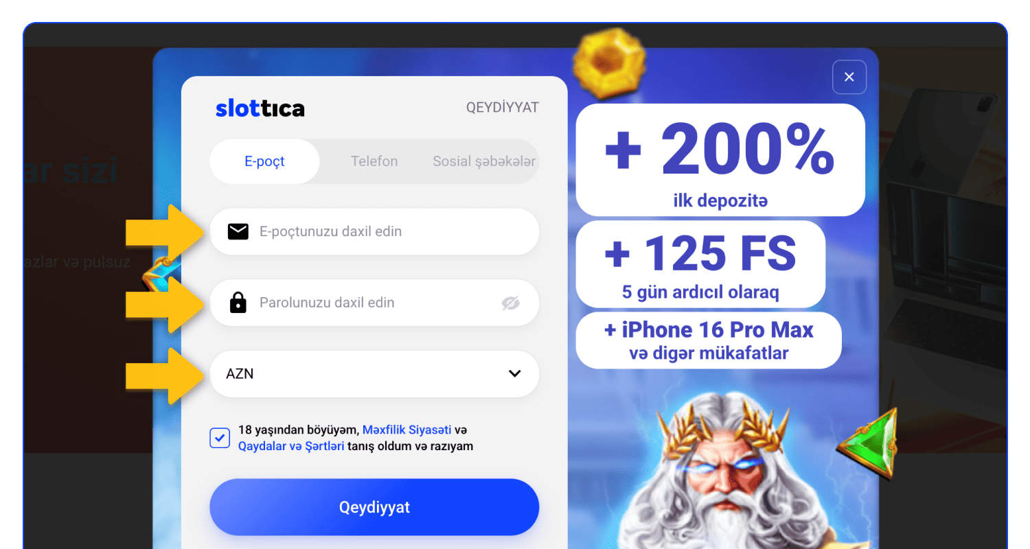 Slottica-da qeydiyyatdan keçmək üçün məlumatlarınızı daxil edin