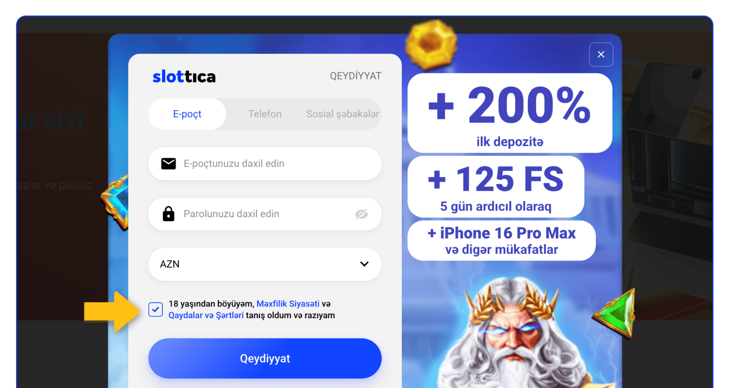 Qeydiyyatdan keçmək üçün Slottica şərtləri ilə razılaşın