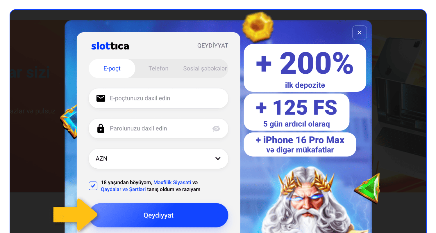 Mavi düyməyə basaraq Slottica-da qeydiyyatı tamamlayın