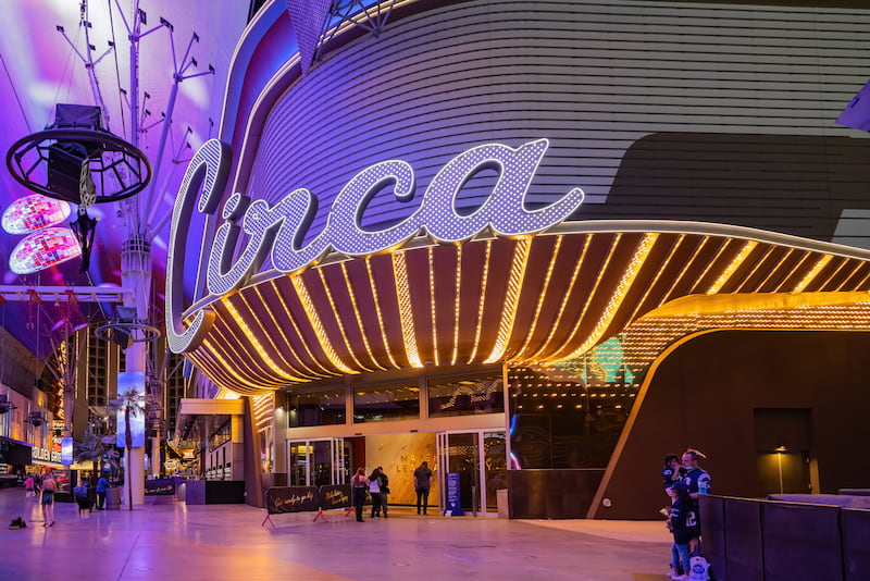 Exterior of the Circa Casino in Vegas at night.