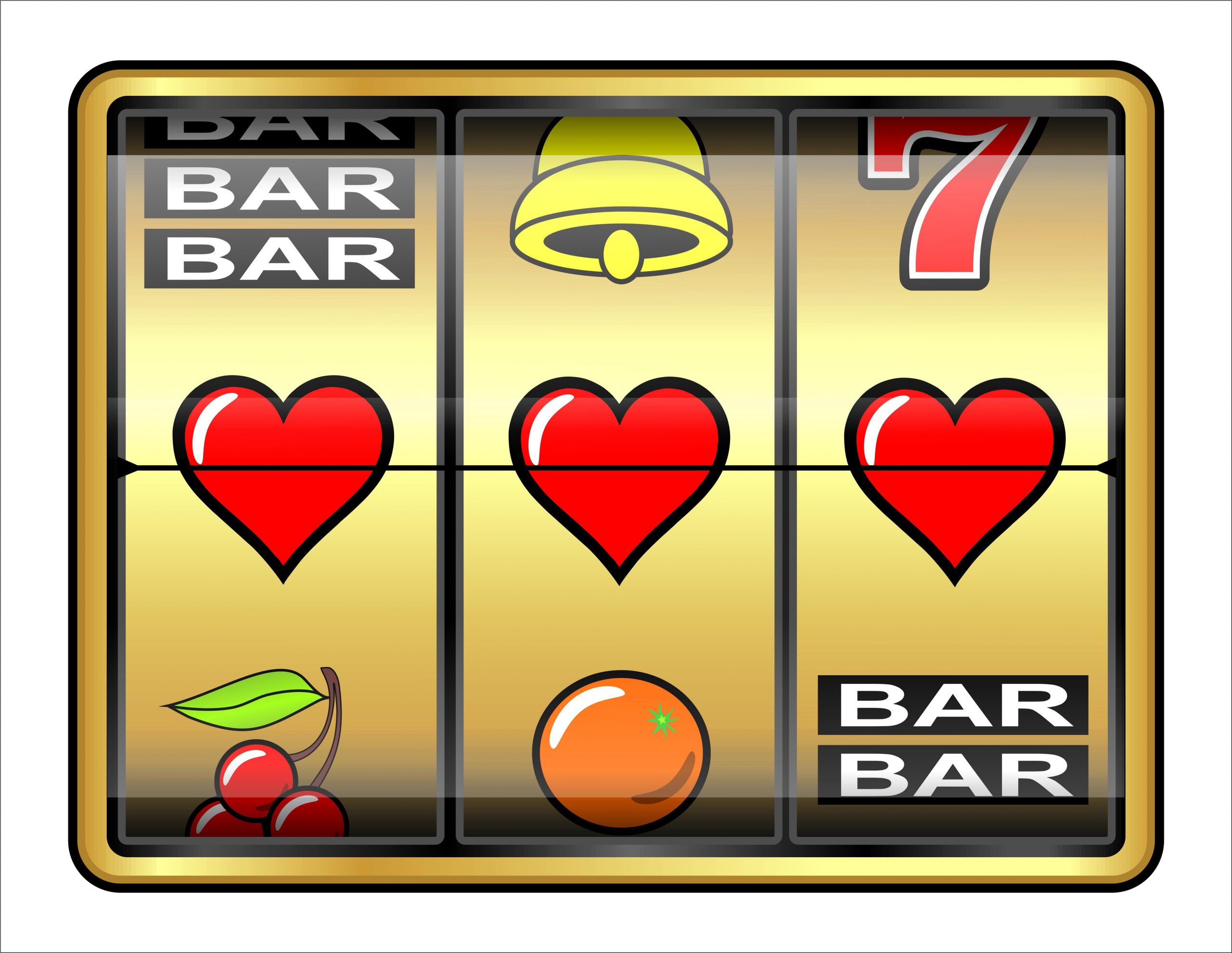 Online slot game showing row of three hearts.