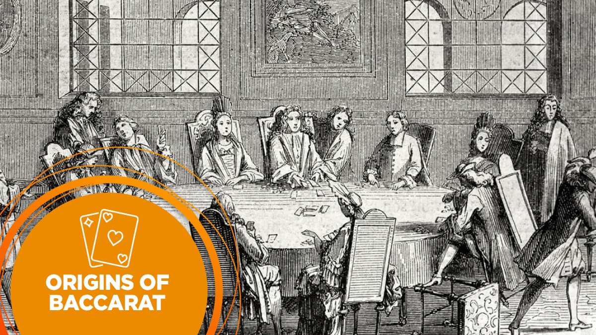Black and white illustration showing historical image of baccarat players.