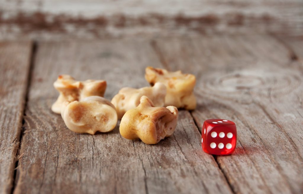 Dice made from animal bones next to a modern dice.
