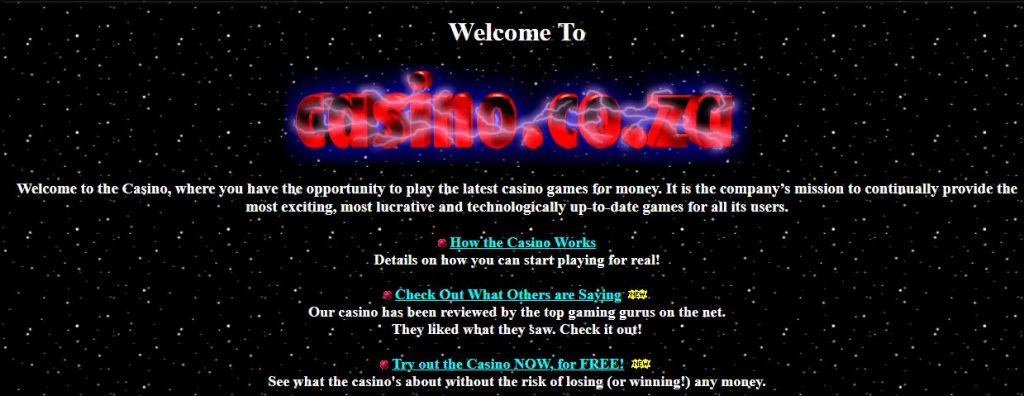 Front page of casino.co.za, the first online casino, which would become The Gaming Club.
