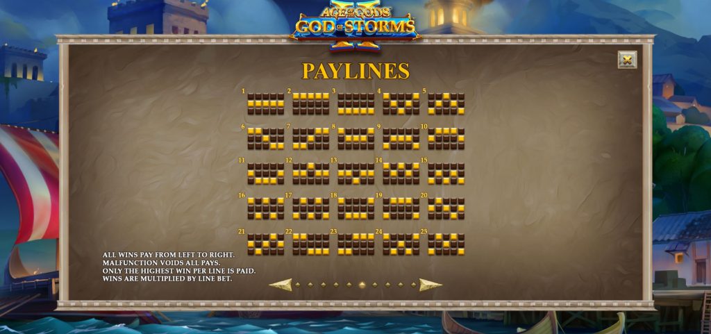 Display of 25 paylines for the Age of Gods: God of Storms online slot game from Playtech.