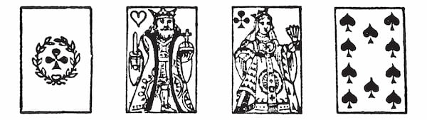 Old playing cards including king and queen.