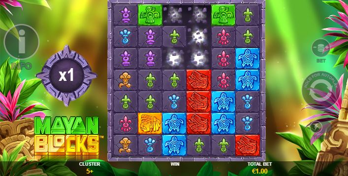 Cluster Pays feature used in Mayan Blocks slot from Playtech.