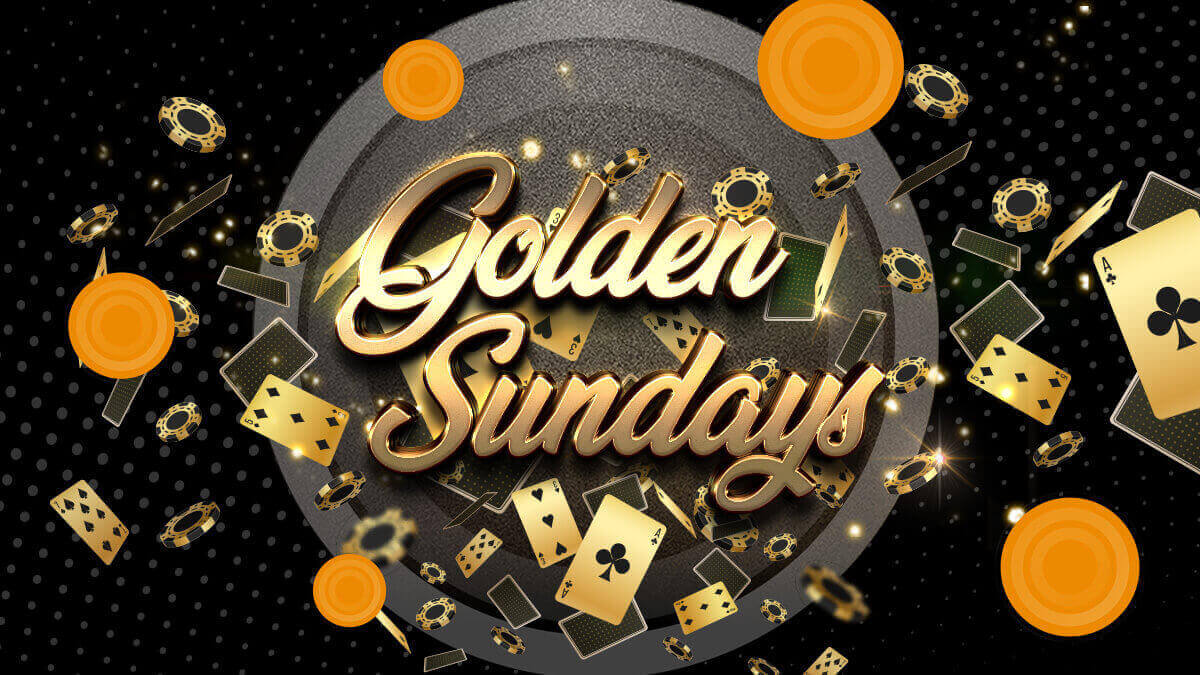 Golden Sundays in gold writing in front of casino chips and cards.