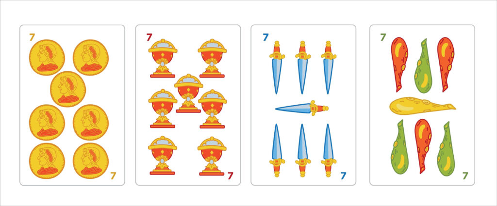 The four different No. 7 cards in the Spanish deck