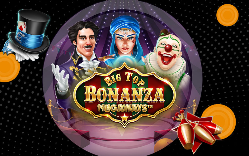 Skywind slot machine game Big Top Bonanza Megaways Online Casino Cartoon Face Graphic Design Circus Themed Clown Ringmaster gambling