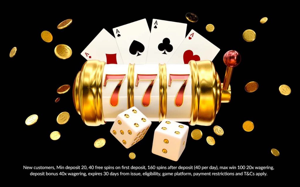 Roulette wheel showing 7s, pair of dice and four aces.