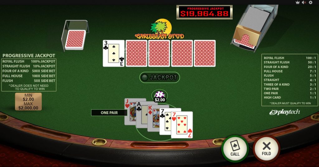 Hand of cards playing Caribbean Stud Poker online at Casino.com.