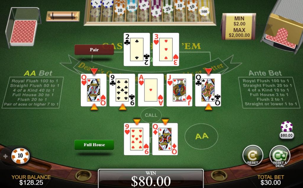 Hands of Casino Holdem are revealed with player winning.