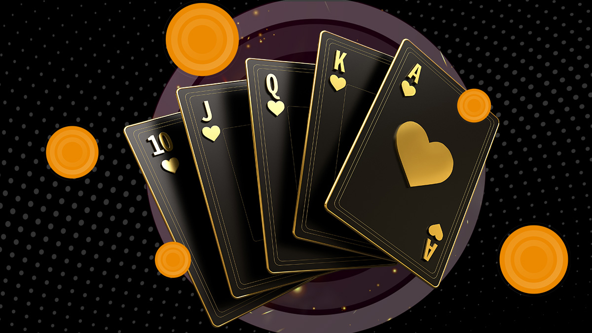 Black playing cards with gold lettering.