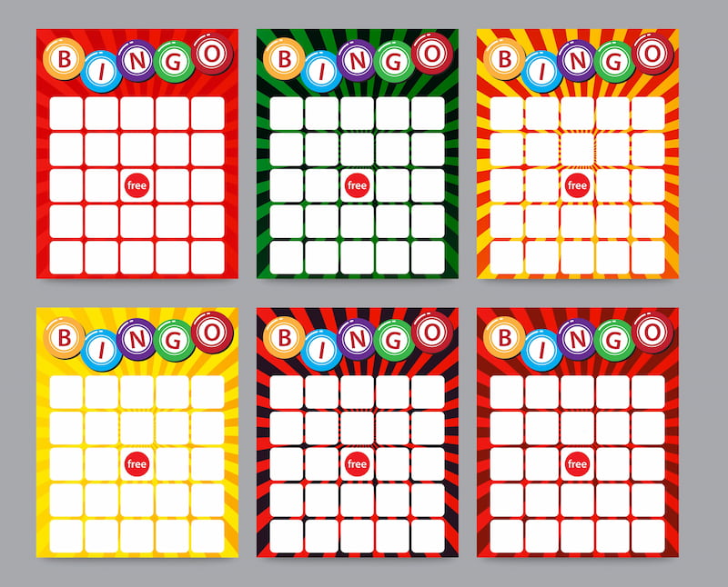 Six colourful bingo cards.