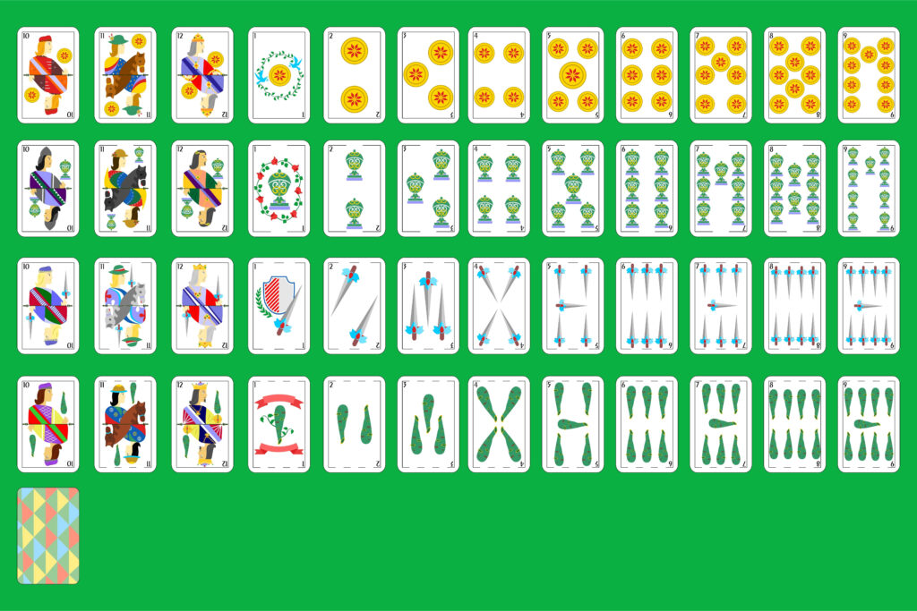 The playing cards in a Spanish deck, shown from above on a green background