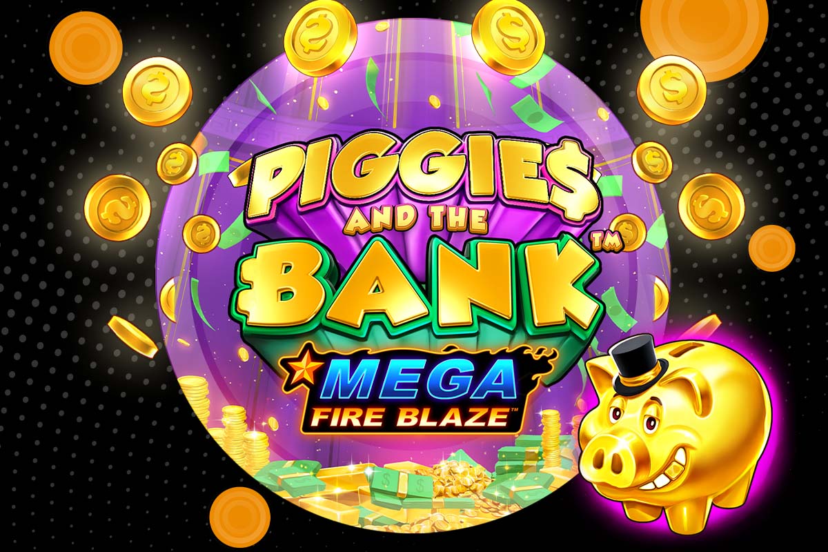 Pig Cartoon Gold Coins Graphic Design Piggies and the Bank Mega Fire Blaze Online Slots gaming gambling