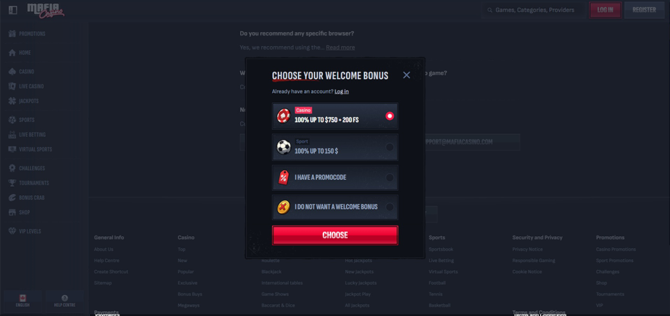 MafiaCasino Sign Up Step 1