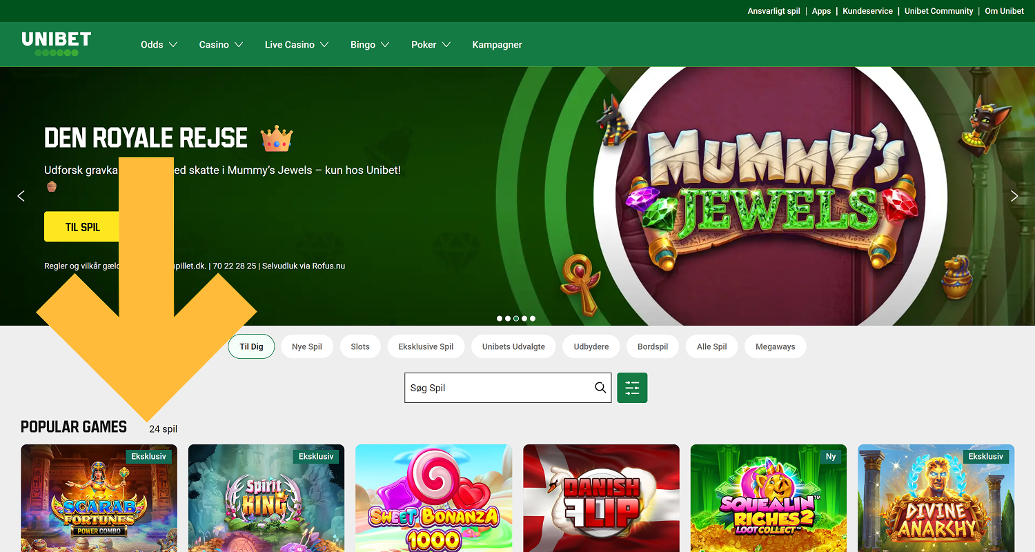 På Unibet Casinos hjemmeside skal du vælge en spillekategori og starte spillet