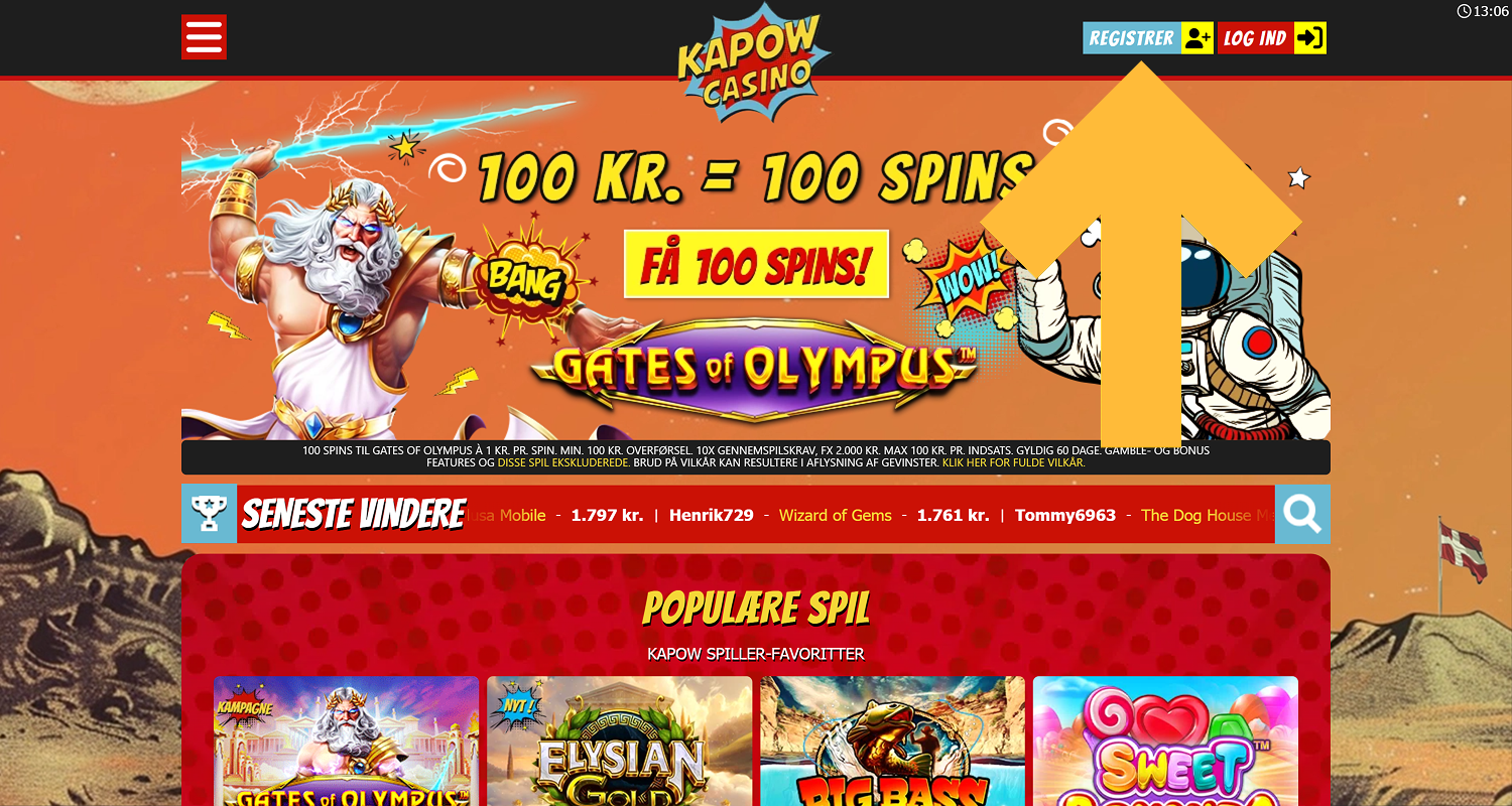 Gå til Kapow Casinos hjemmeside og klik på Registrer
