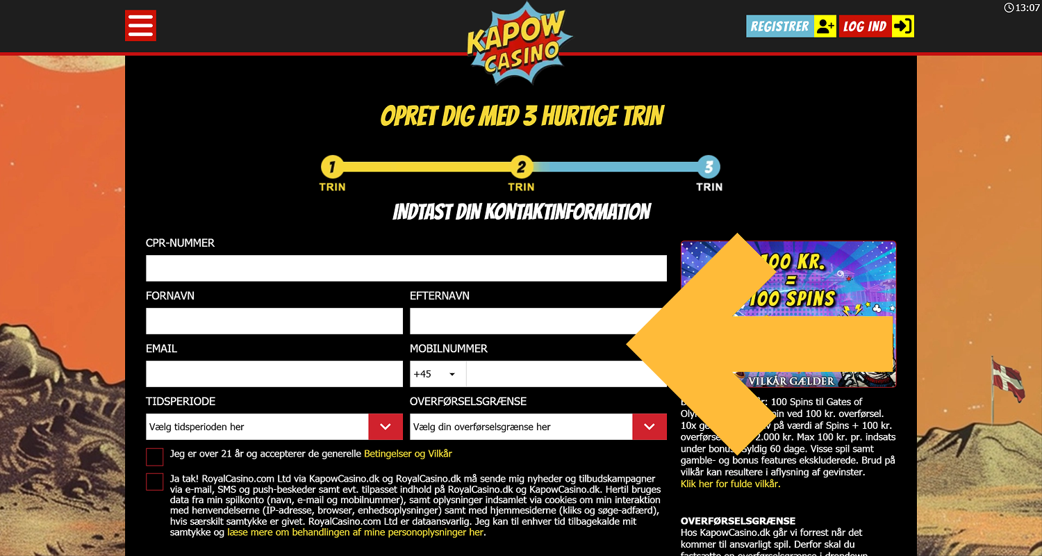 Indtast dine personlige oplysninger i registreringsformularen for at oprette en konto hos Kapow casino