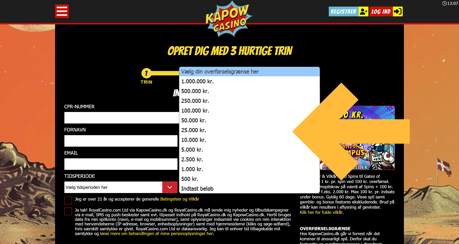 Vælg en indbetalingsgrænse, før du opretter en konto hos Kapow casino