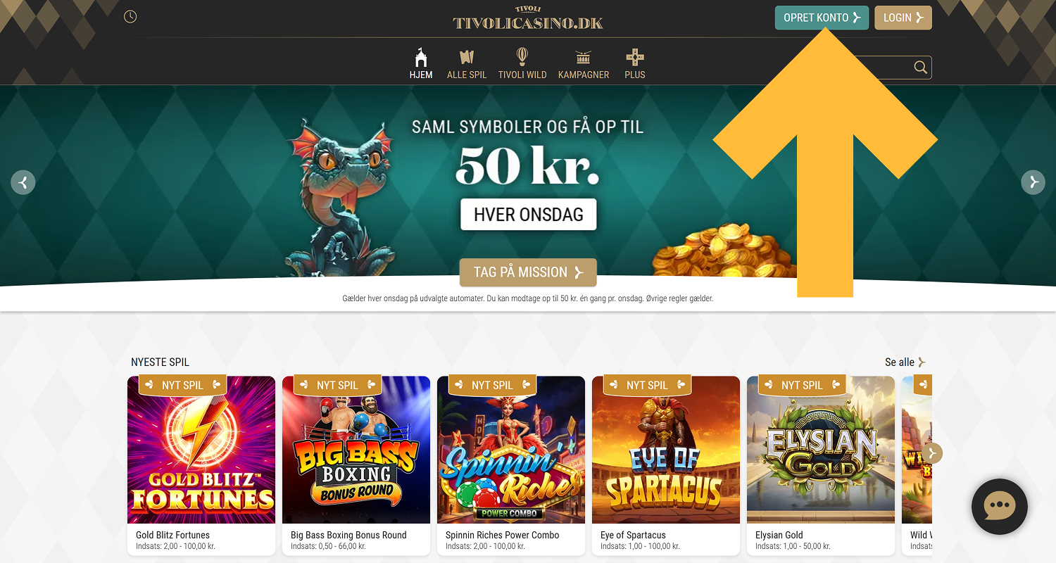 Åbn Tivoli Casinos hjemmeside, og klik på Registrer