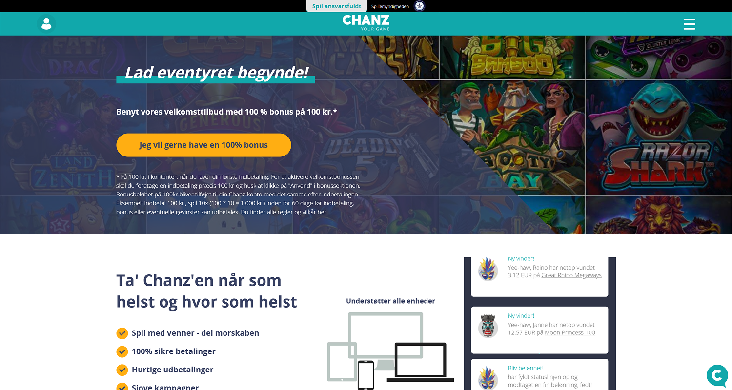 Åbn Chanz Casinos hjemmeside for at registrere dig