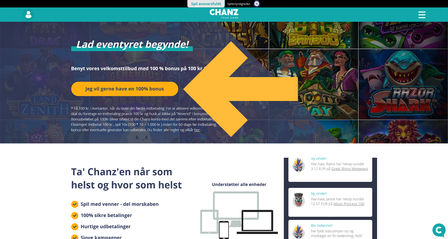 Vælg din velkomstbonus hos Chanz Casino