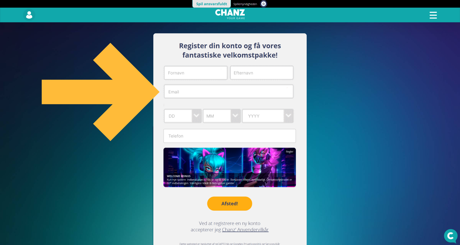 Indtast din e-mail, dit telefonnummer og accepter vilkår og betingelser for at registrere dig hos Chanz Casino