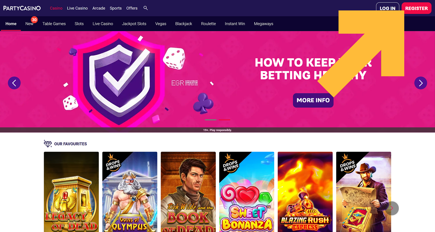 Gå til PartyCasinos hjemmeside og klik på Registrer