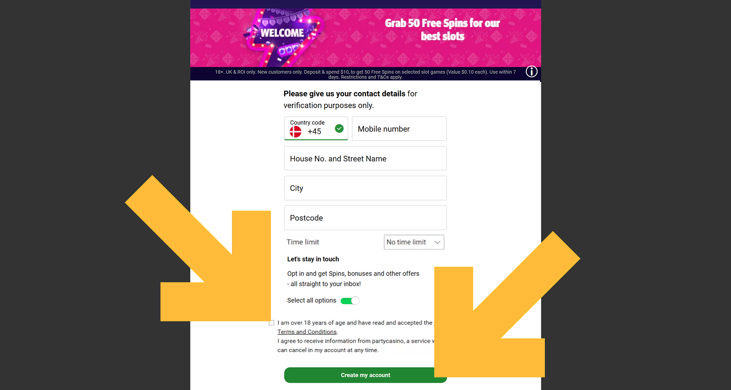 Bekræft din alder og opret en konto hos PartyCasino