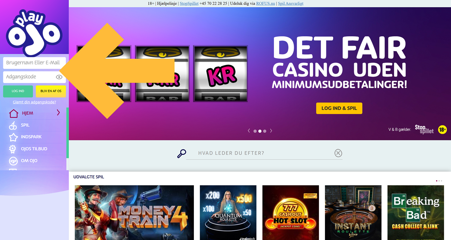 Log ind på din PlayOJO-kasinokonto, og fyld din saldo op