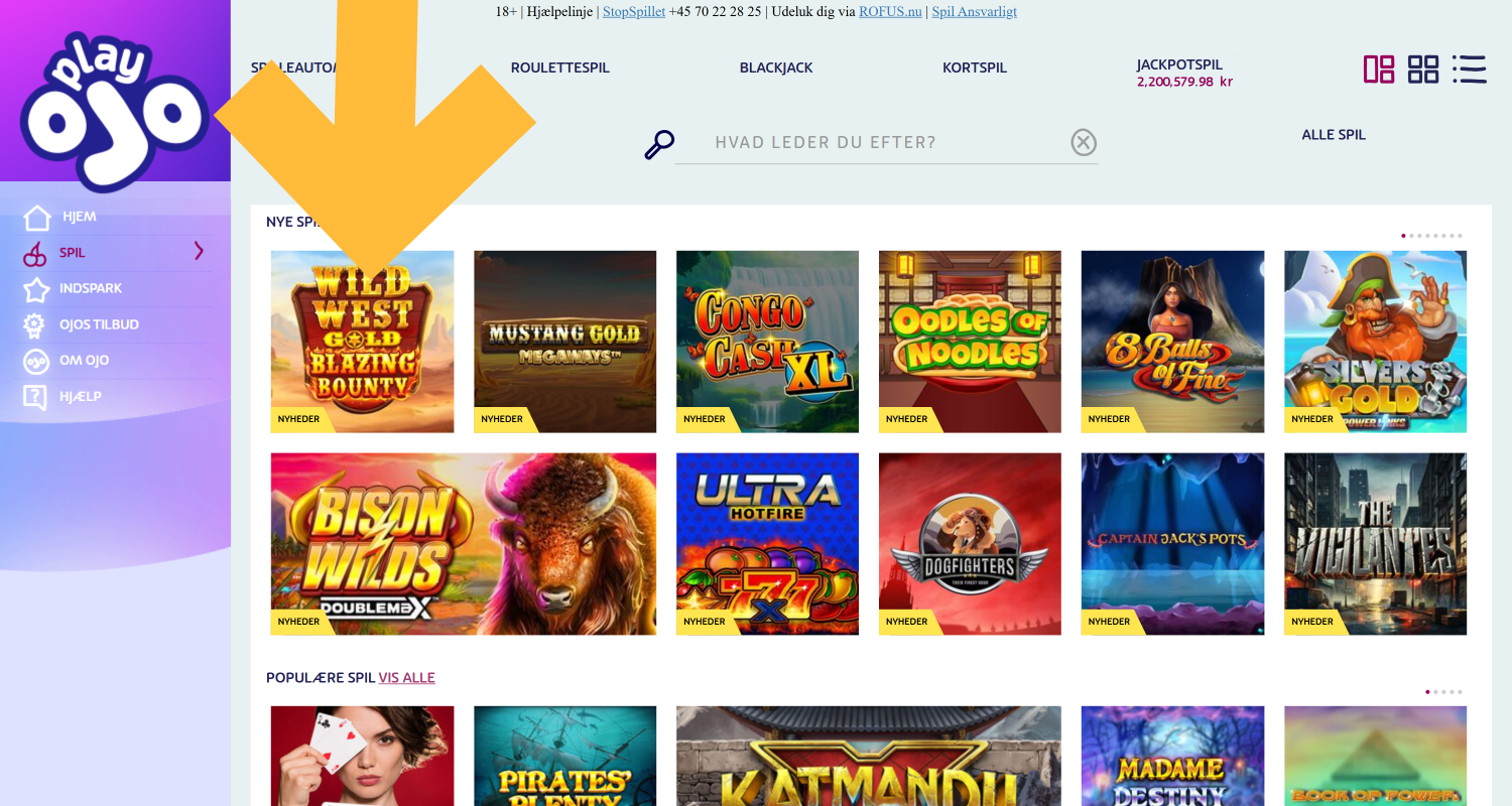 På PlayOJO Casino skal du vælge den kategori og det spil, du vil spille