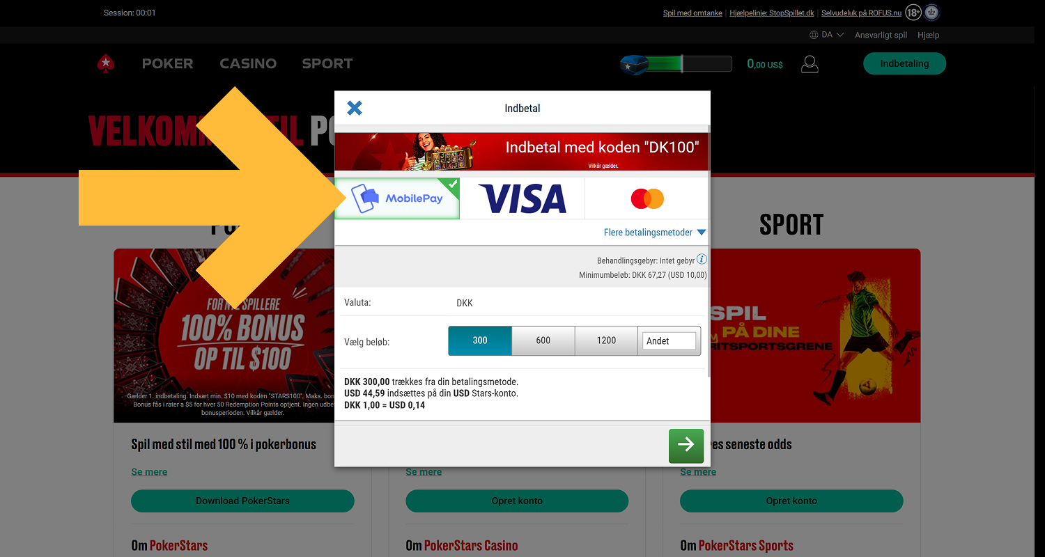 Indsæt penge på din PokerStars-konto for at begynde at spille