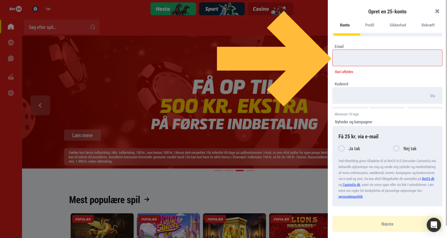 Udfyld registreringsformularen på Bet25 casino i Danmark